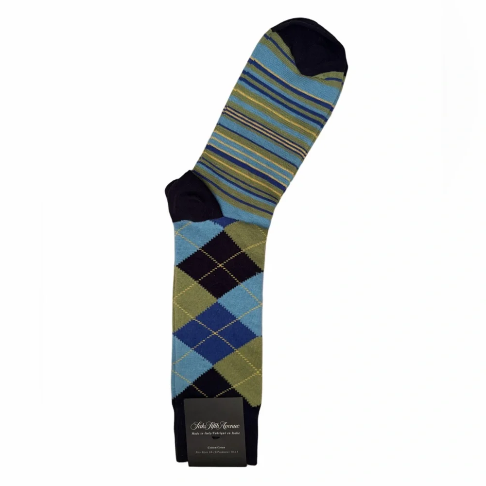 Saks Fifth Avenue Men’s Dress Socks Argyle & Stripe Blue Green Made in Italy